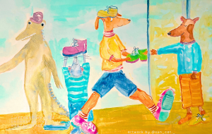 A water colour painted image with a blue and mustard coloured background with an alligator in a top hat, a mouse holding up a shoe, a dog passing another dog a green shoe